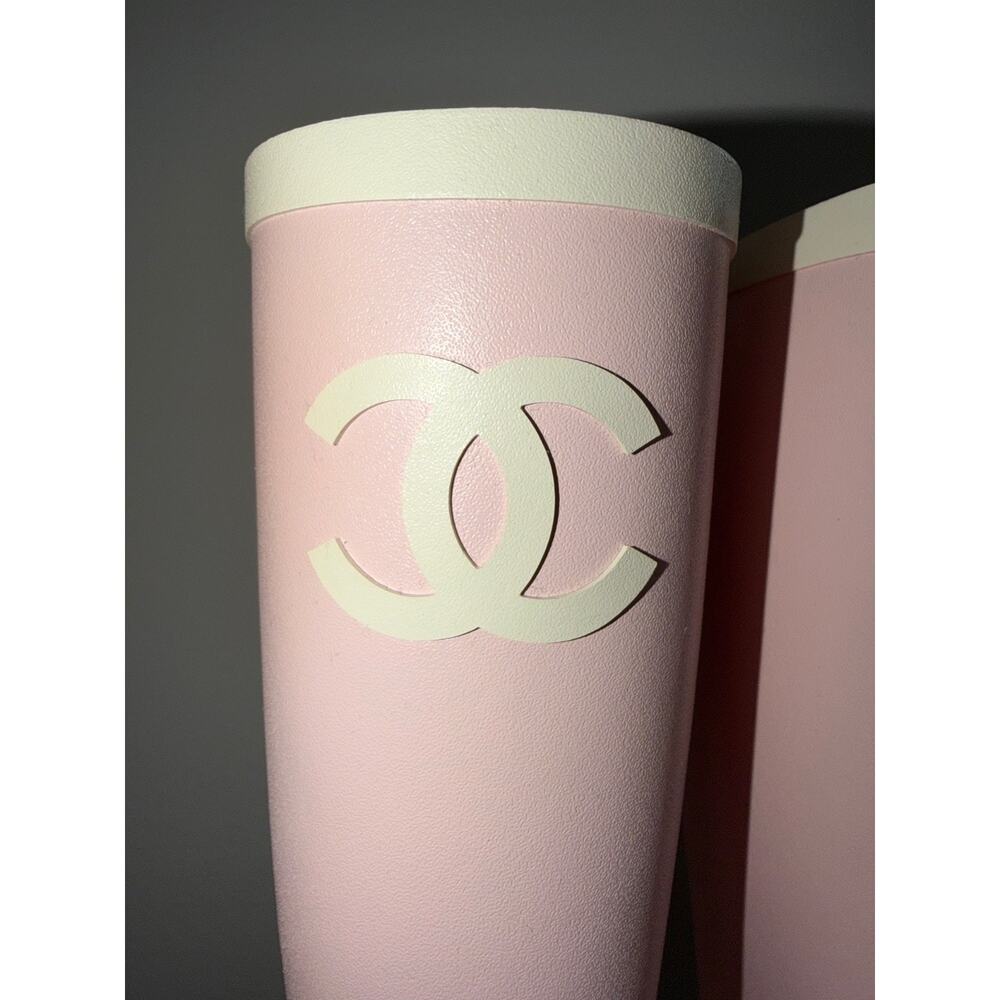 Chanel 26C Rose Pink White Caoutchouc CC Logo High Pull On Rubber Rain Boots 40 - Picture 15 of 16